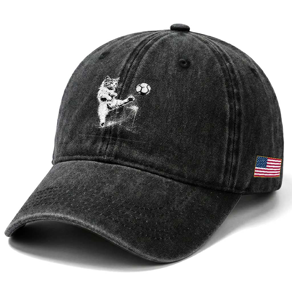 Cat Playing Soccer Washed Cotton Baseball Cap Funny Cat Lover Gift TS12 Print Your Wear