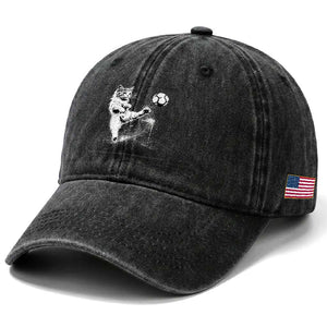 Cat Playing Soccer Washed Cotton Baseball Cap Funny Cat Lover Gift TS12 Print Your Wear