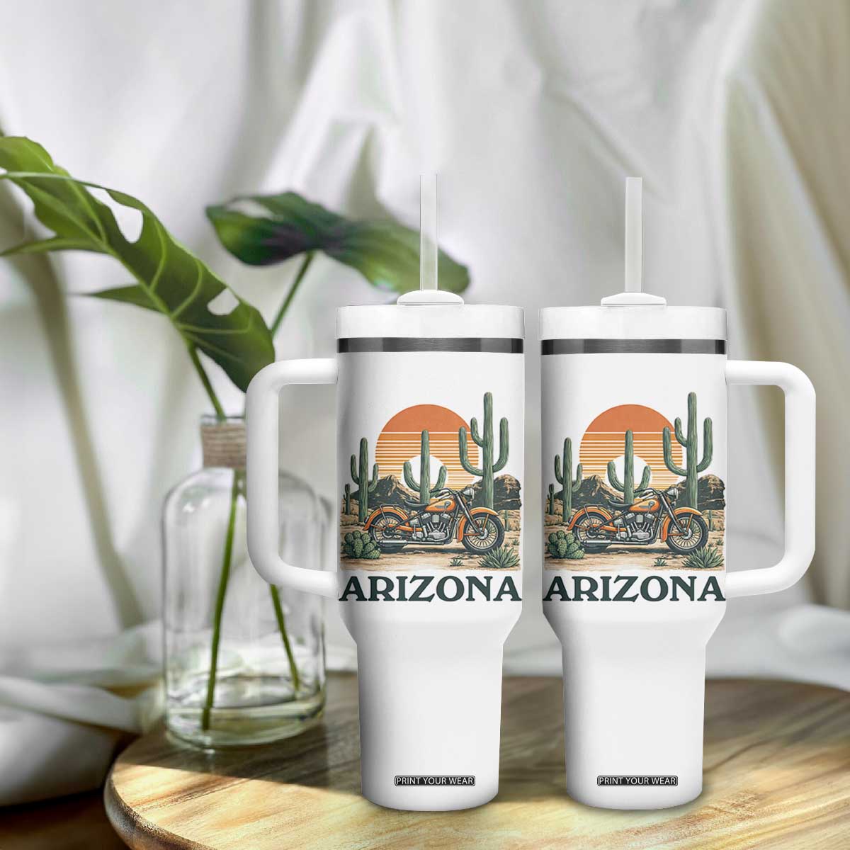Arizona Motorcycle Tumbler With Handle Vintage Desert Highway Rider Gift TS12 Print Your Wear