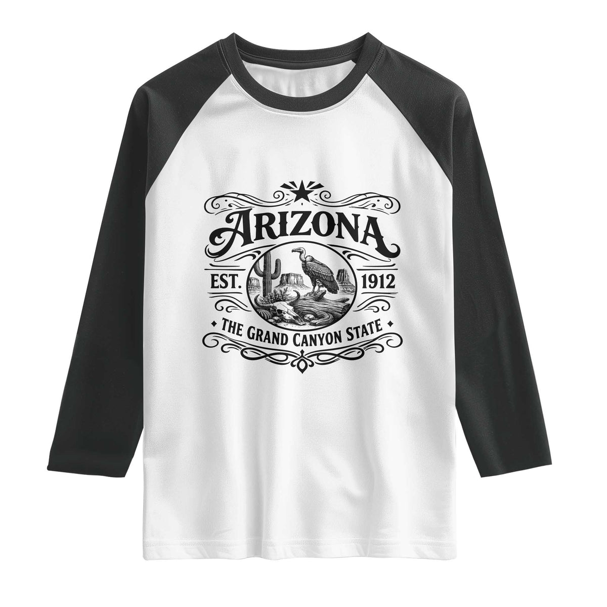 Vintage Arizona Cactus Desert Canyon Western 1912 Raglan Shirt TS12 White Black Print Your Wear