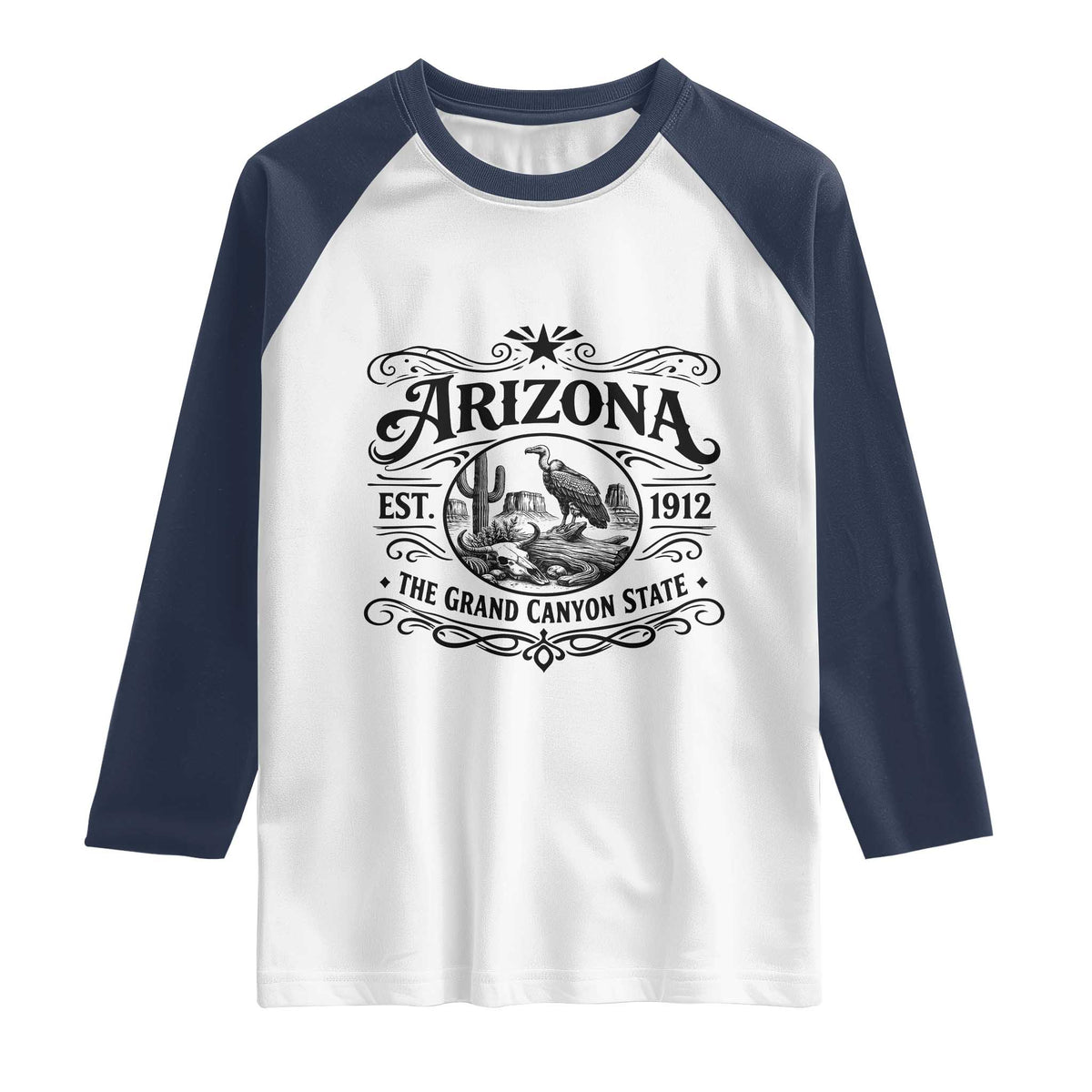 Vintage Arizona Cactus Desert Canyon Western 1912 Raglan Shirt TS12 White Navy Print Your Wear