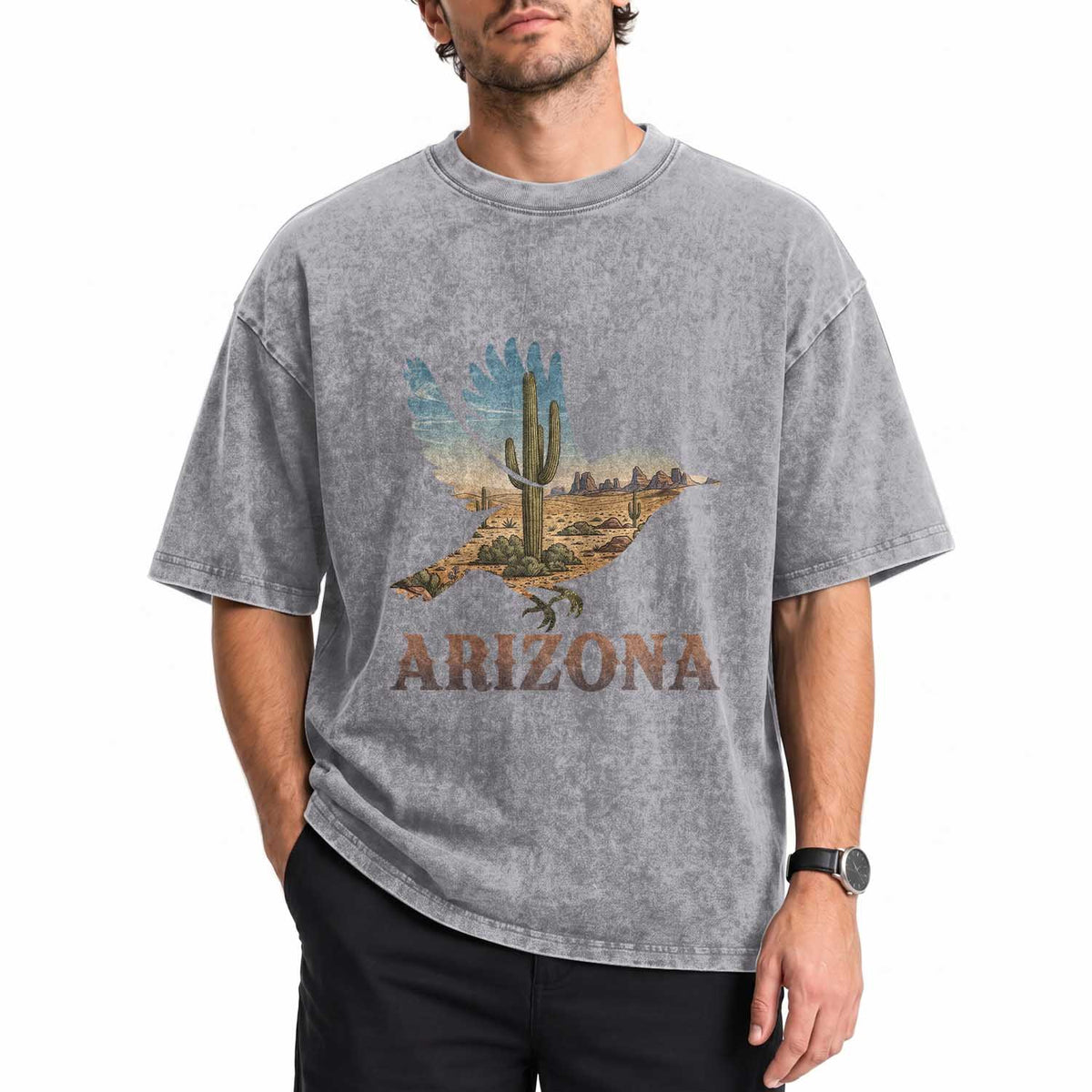 Arizona Desert Wren Bird Washed Cotton T-Shirt Cactus Landscape Rustic Western