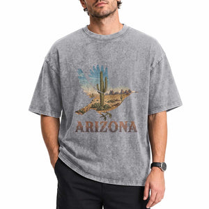 Arizona Desert Wren Bird Washed Cotton T-Shirt Cactus Landscape Rustic Western