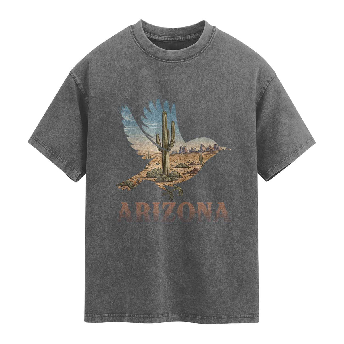 Arizona Desert Wren Bird Washed Cotton T-Shirt Cactus Landscape Rustic Western