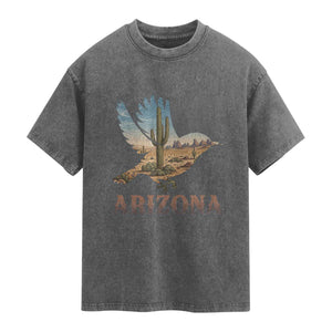 Arizona Desert Wren Bird Washed Cotton T-Shirt Cactus Landscape Rustic Western