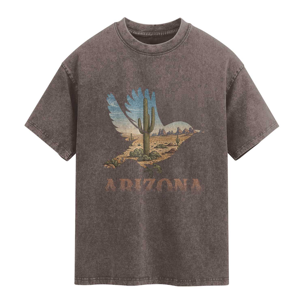 Arizona Desert Wren Bird Washed Cotton T-Shirt Cactus Landscape Rustic Western