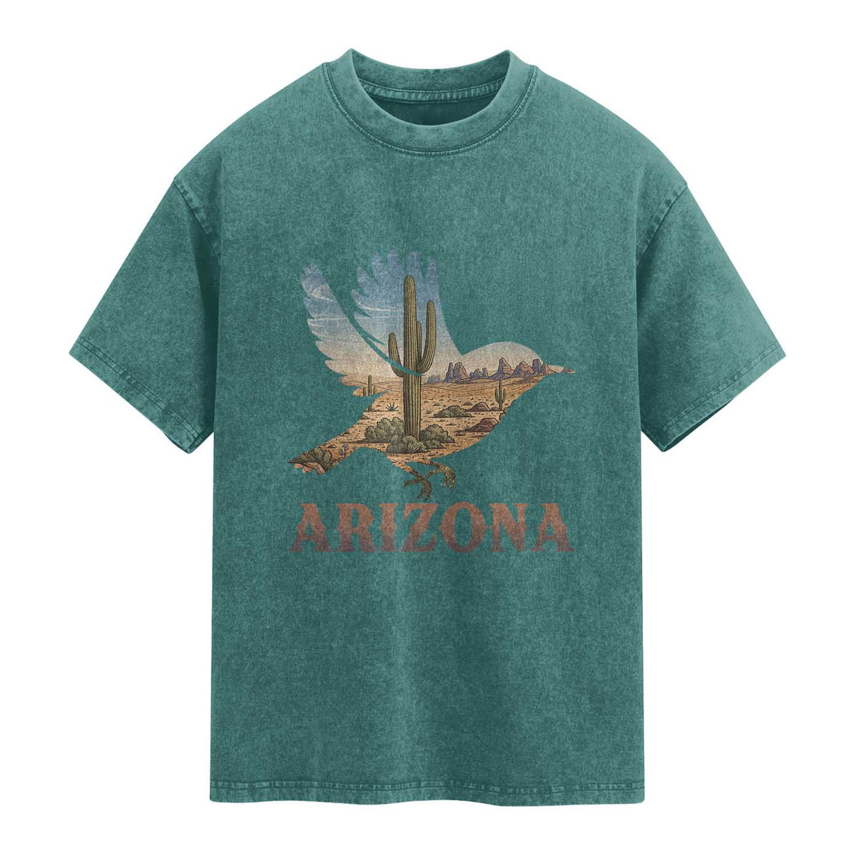 Arizona Desert Wren Bird Washed Cotton T-Shirt Cactus Landscape Rustic Western