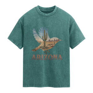 Arizona Desert Wren Bird Washed Cotton T-Shirt Cactus Landscape Rustic Western