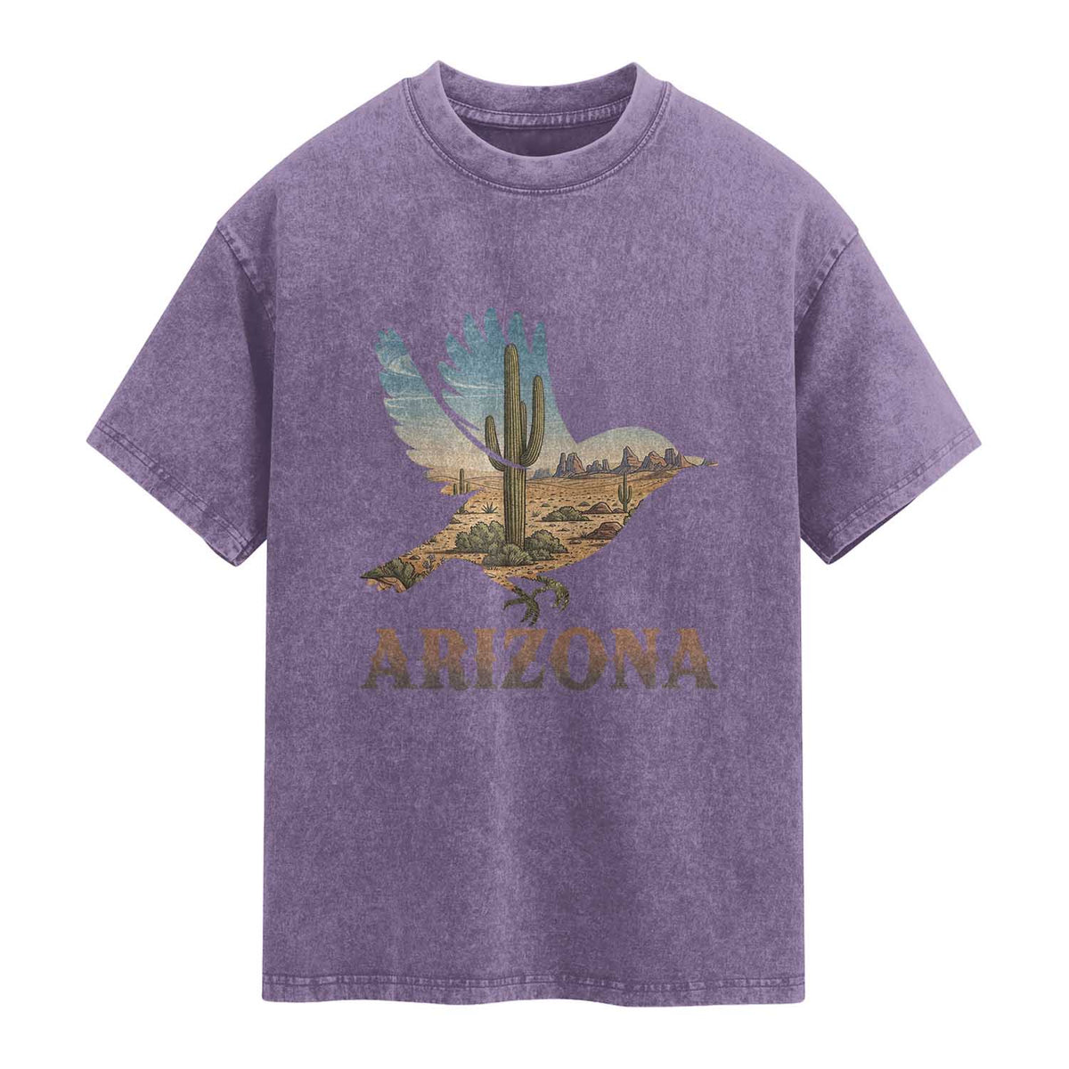 Arizona Desert Wren Bird Washed Cotton T-Shirt Cactus Landscape Rustic Western