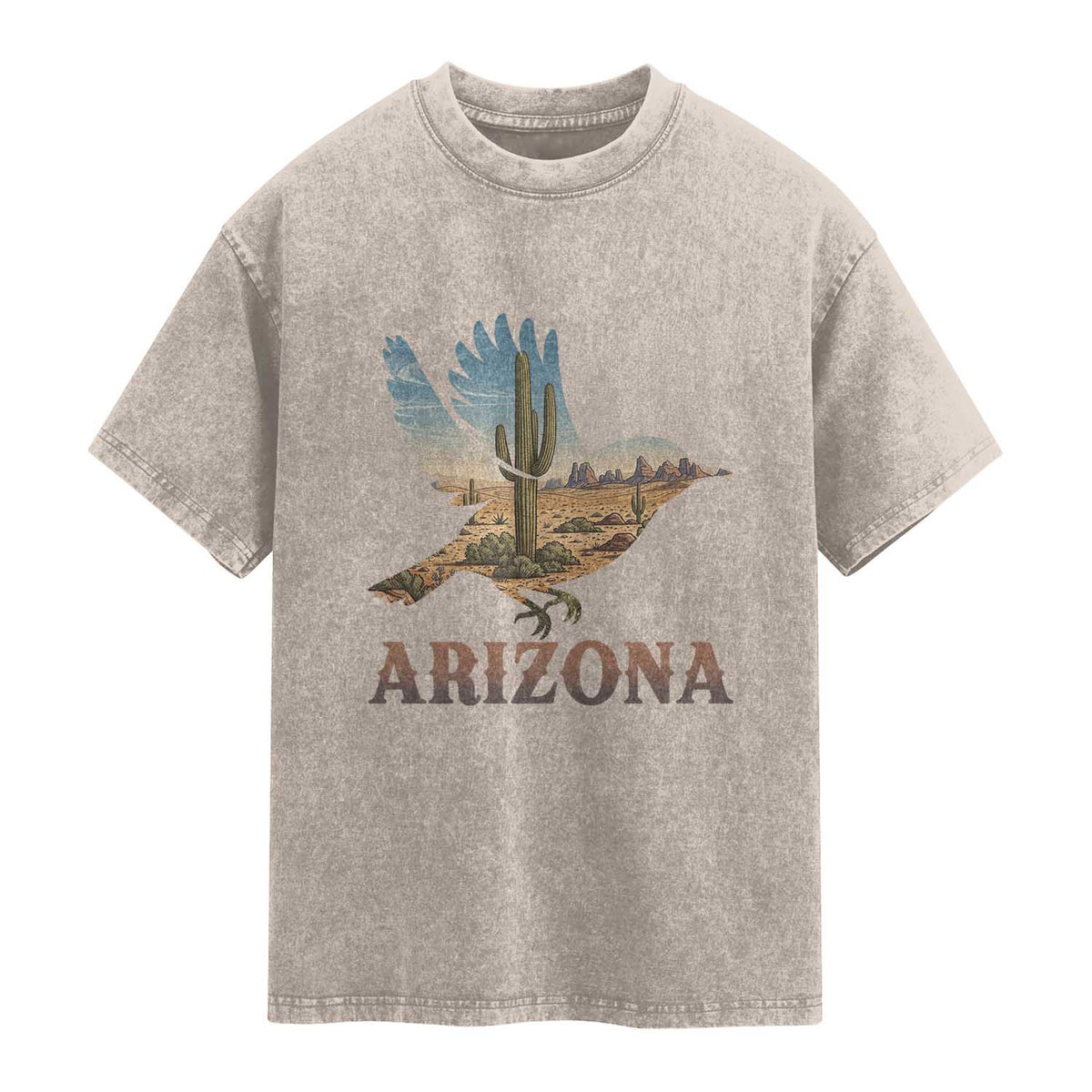 Arizona Desert Wren Bird Washed Cotton T-Shirt Cactus Landscape Rustic Western