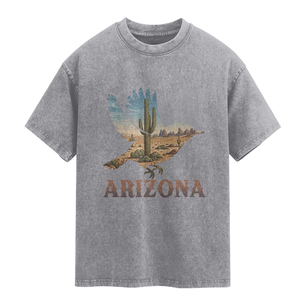Arizona Desert Wren Bird Washed Cotton T-Shirt Cactus Landscape Rustic Western