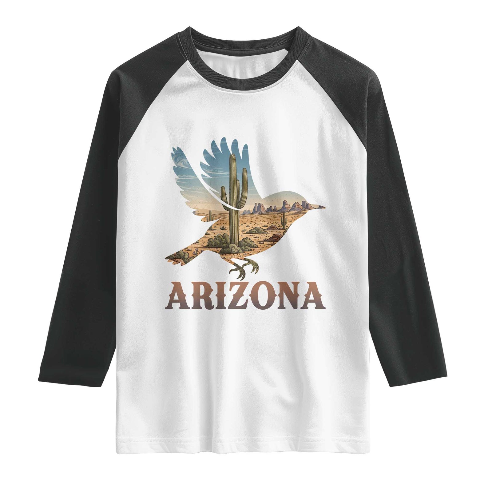 Arizona Desert Wren Bird Raglan Shirt Cactus Landscape Rustic Western TS12 White Black Print Your Wear