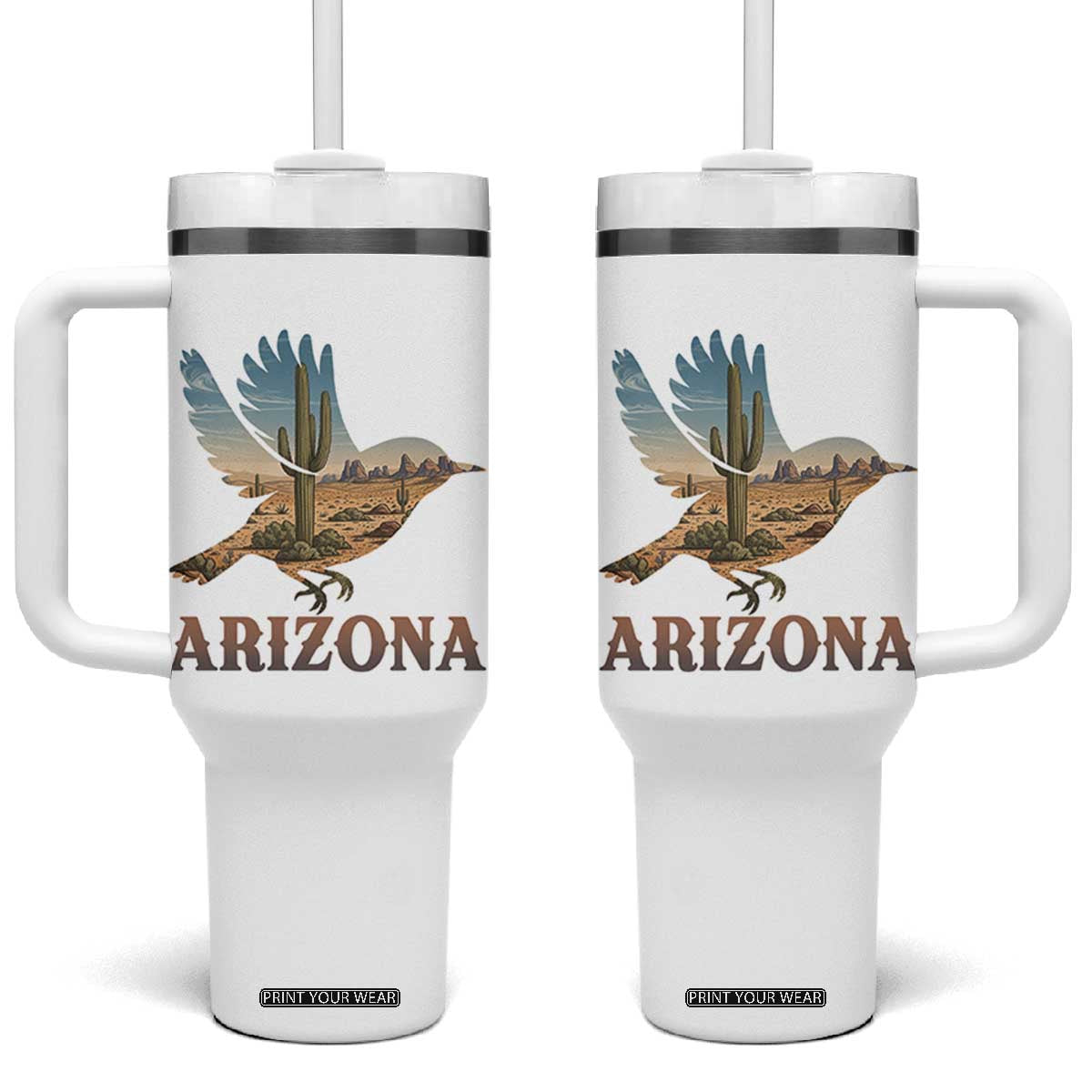Arizona Desert Wren Bird Tumbler With Handle Cactus Landscape Rustic Western TS12 One Size: 40 oz White Print Your Wear