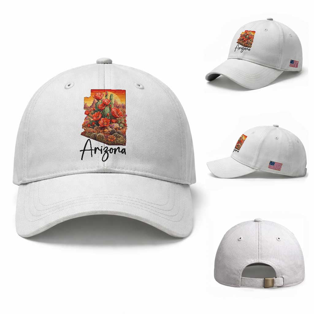 Arizona Map Blooming Cactus Flowers Gift Baseball Cap TS12 Baseball Cap Universal Fit White Print Your Wear