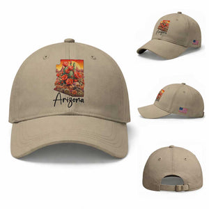 Arizona Map Blooming Cactus Flowers Gift Baseball Cap TS12 Baseball Cap Universal Fit Khaki Print Your Wear