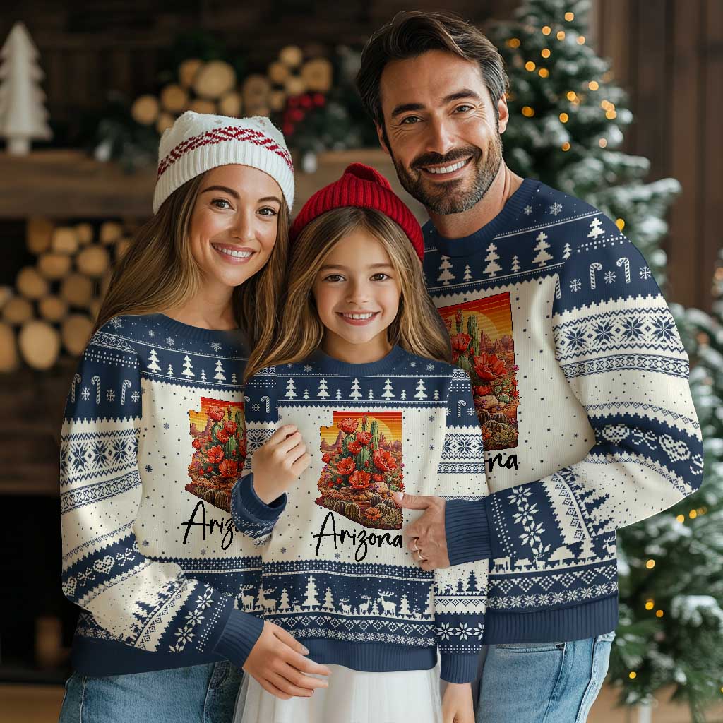 Arizona Map Blooming Cactus Flowers Gift Ugly Christmas Sweater TS12 Beige Navy Print Your Wear
