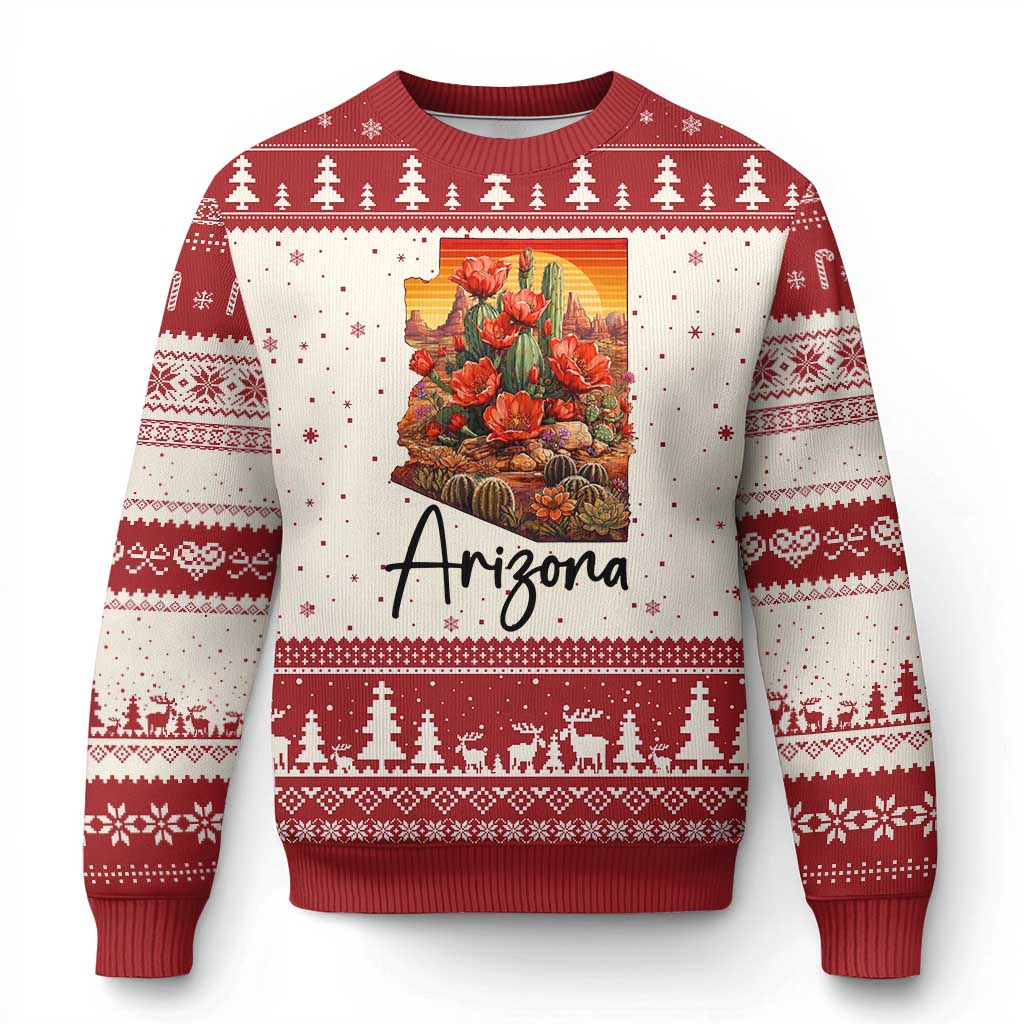 Arizona Map Blooming Cactus Flowers Gift Ugly Christmas Sweater TS12 Beige Red Print Your Wear