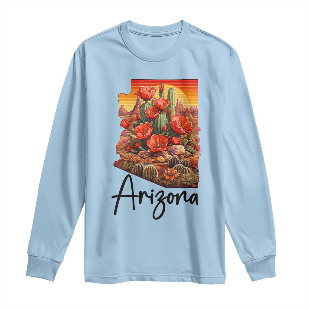 Arizona Map Blooming Cactus Flowers Gift Long Sleeve Shirt TS12 Light Blue Print Your Wear