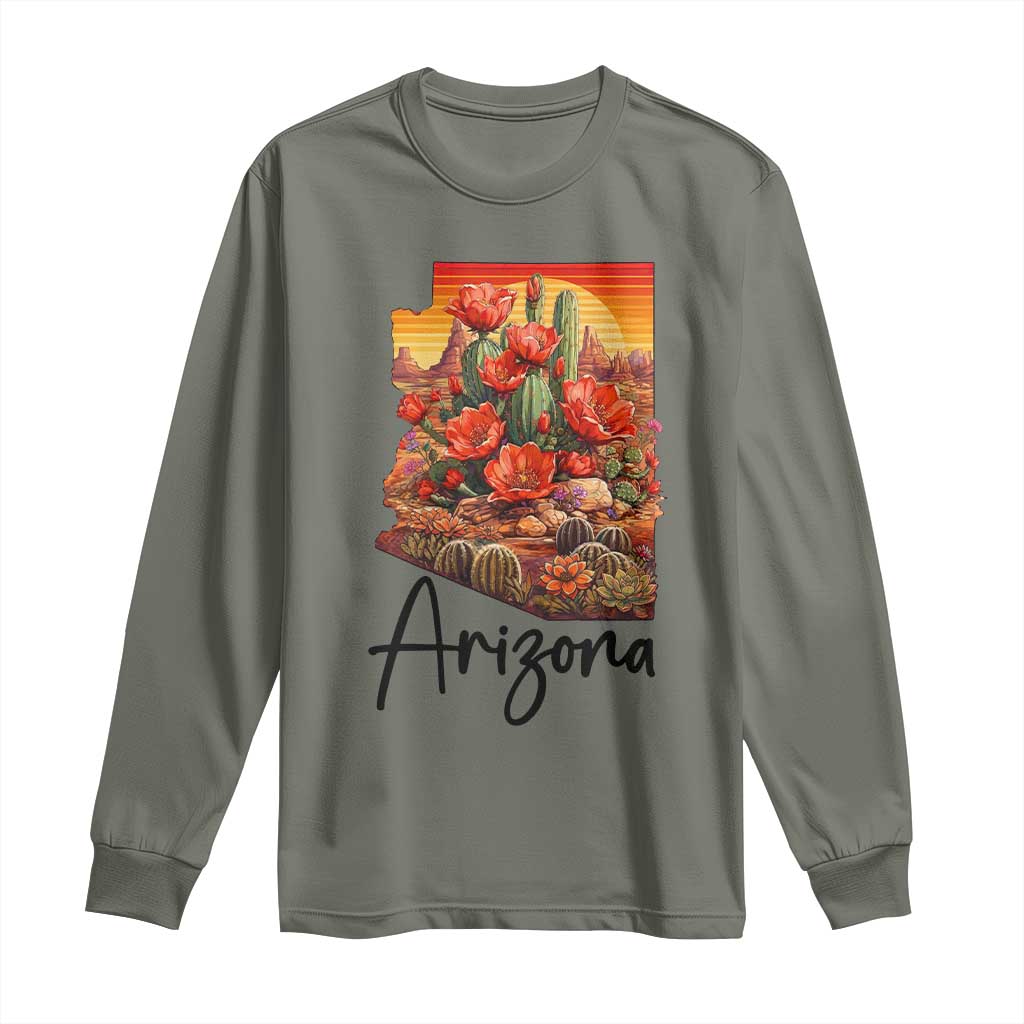 Arizona Map Blooming Cactus Flowers Gift Long Sleeve Shirt TS12 Military Green Print Your Wear