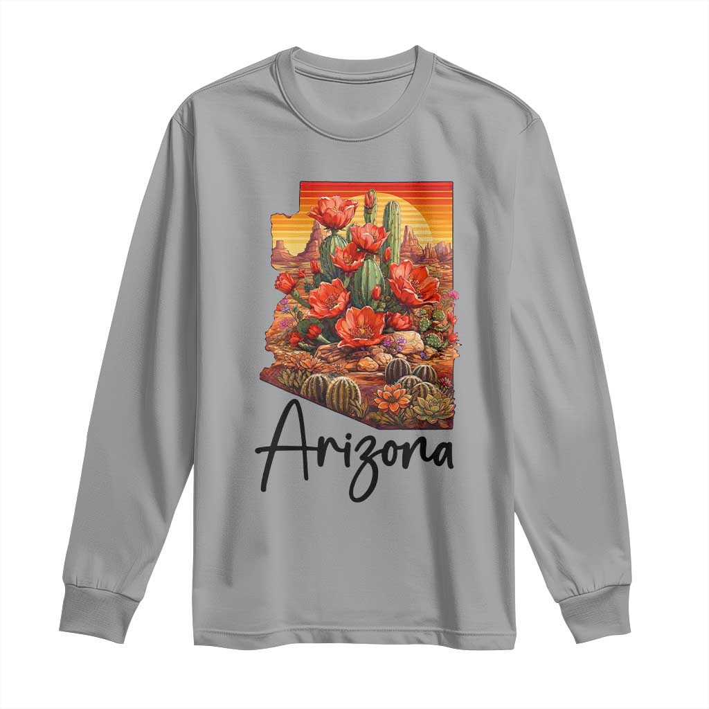Arizona Map Blooming Cactus Flowers Gift Long Sleeve Shirt TS12 Sport Gray Print Your Wear