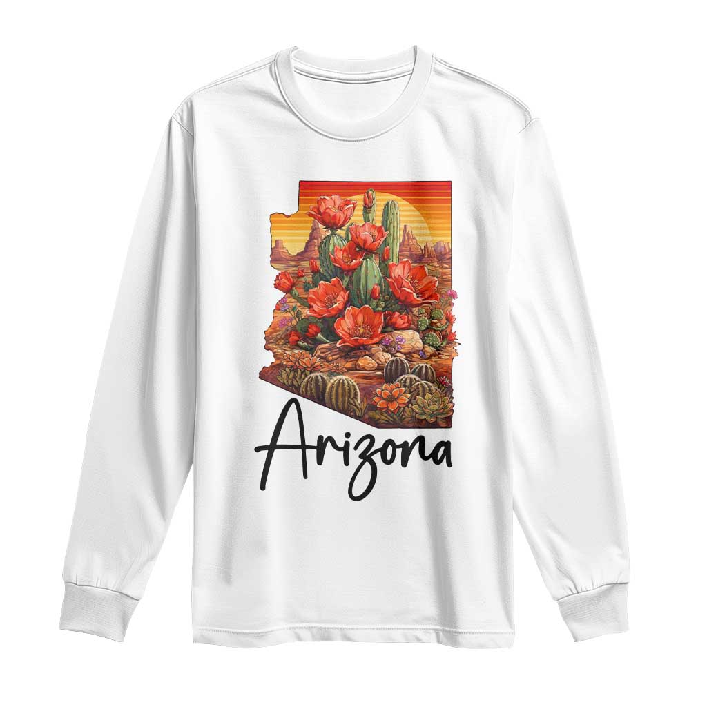 Arizona Map Blooming Cactus Flowers Gift Long Sleeve Shirt TS12 White Print Your Wear