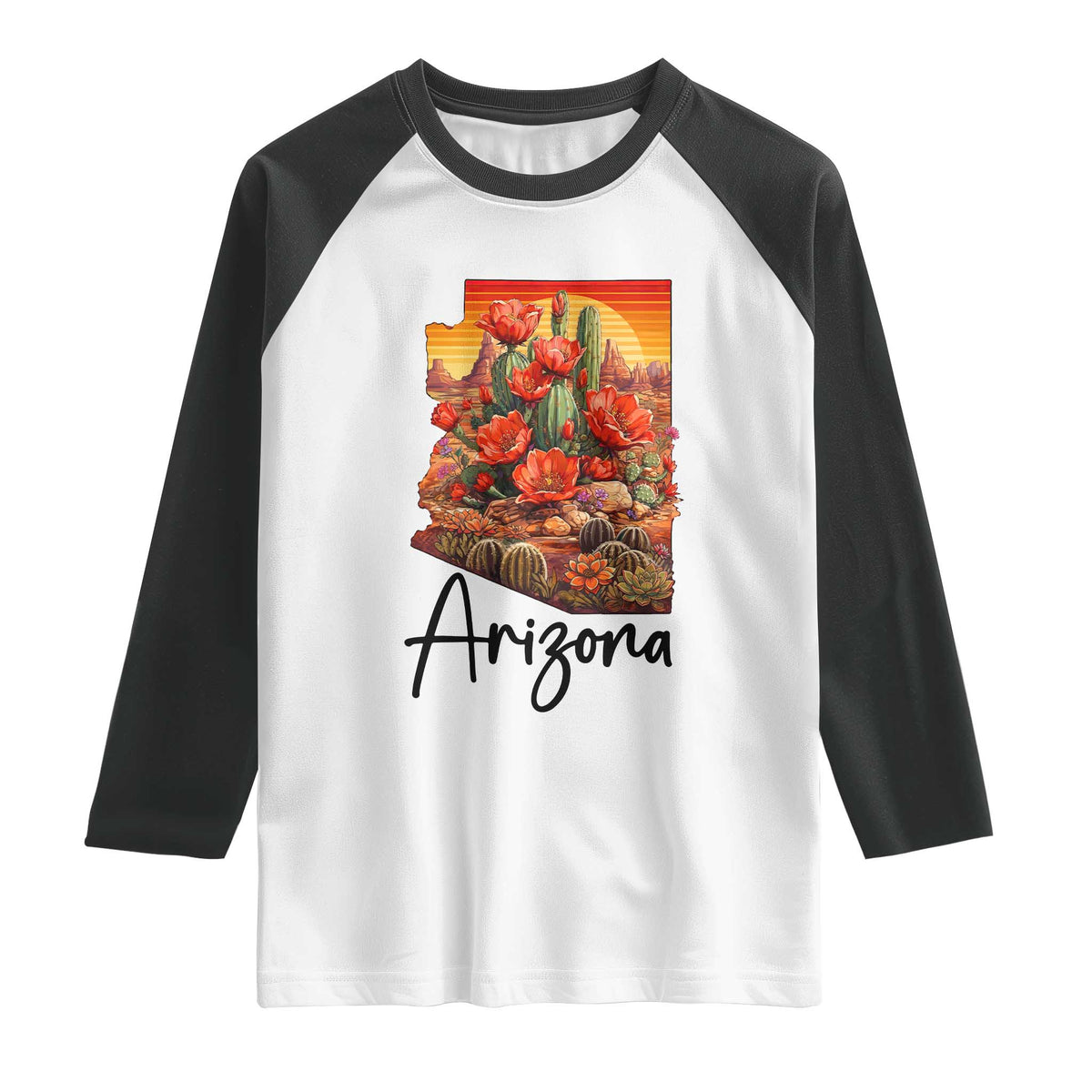 Arizona Map Blooming Cactus Flowers Gift Raglan Shirt TS12 White Black Print Your Wear