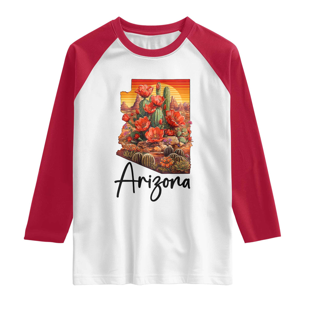 Arizona Map Blooming Cactus Flowers Gift Raglan Shirt TS12 White Red Print Your Wear