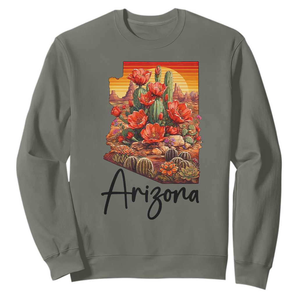 Arizona Map Blooming Cactus Flowers Gift Sweatshirt TS12 Military Green Print Your Wear