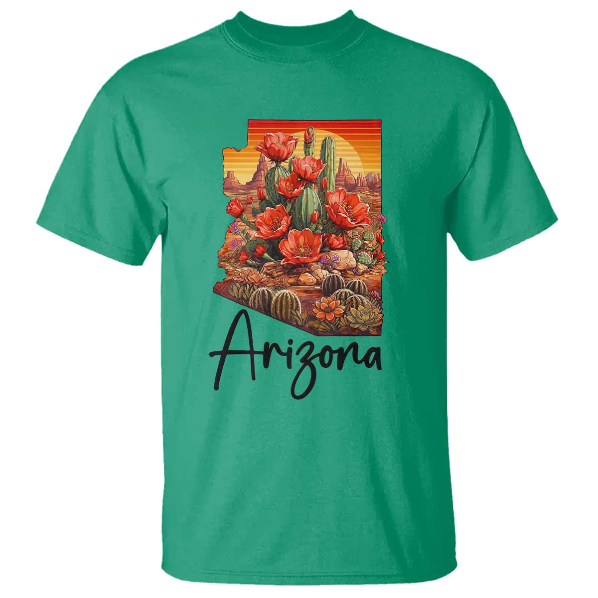 Arizona Map Blooming Cactus Flowers Gift T Shirt TS12 Irish Green Print Your Wear