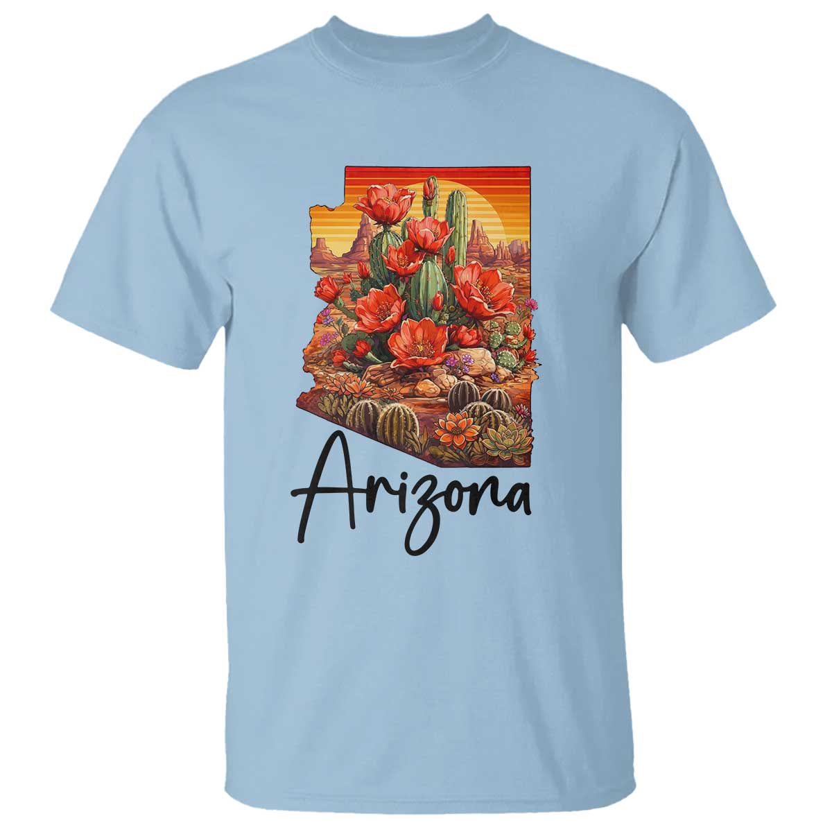 Arizona Map Blooming Cactus Flowers Gift T Shirt TS12 Light Blue Print Your Wear