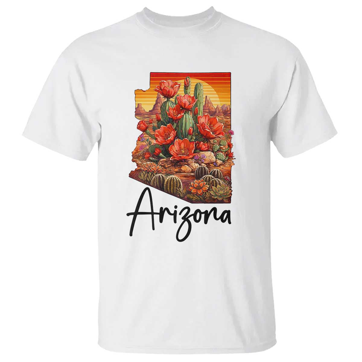 Arizona Map Blooming Cactus Flowers Gift T Shirt TS12 White Print Your Wear