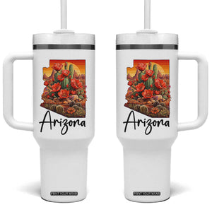 Arizona Map Blooming Cactus Flowers Gift Tumbler With Handle TS12 One Size: 40 oz White Print Your Wear