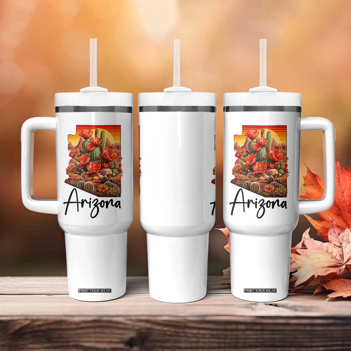 Arizona Map Blooming Cactus Flowers Gift Tumbler With Handle TS12 Print Your Wear
