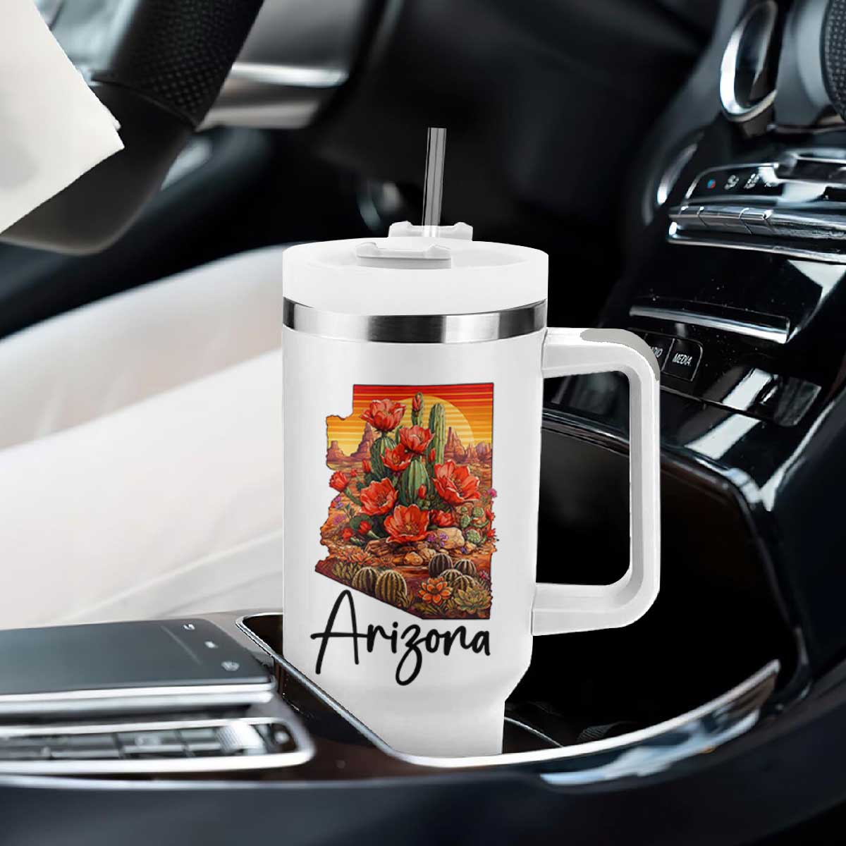 Arizona Map Blooming Cactus Flowers Gift Tumbler With Handle TS12 Print Your Wear