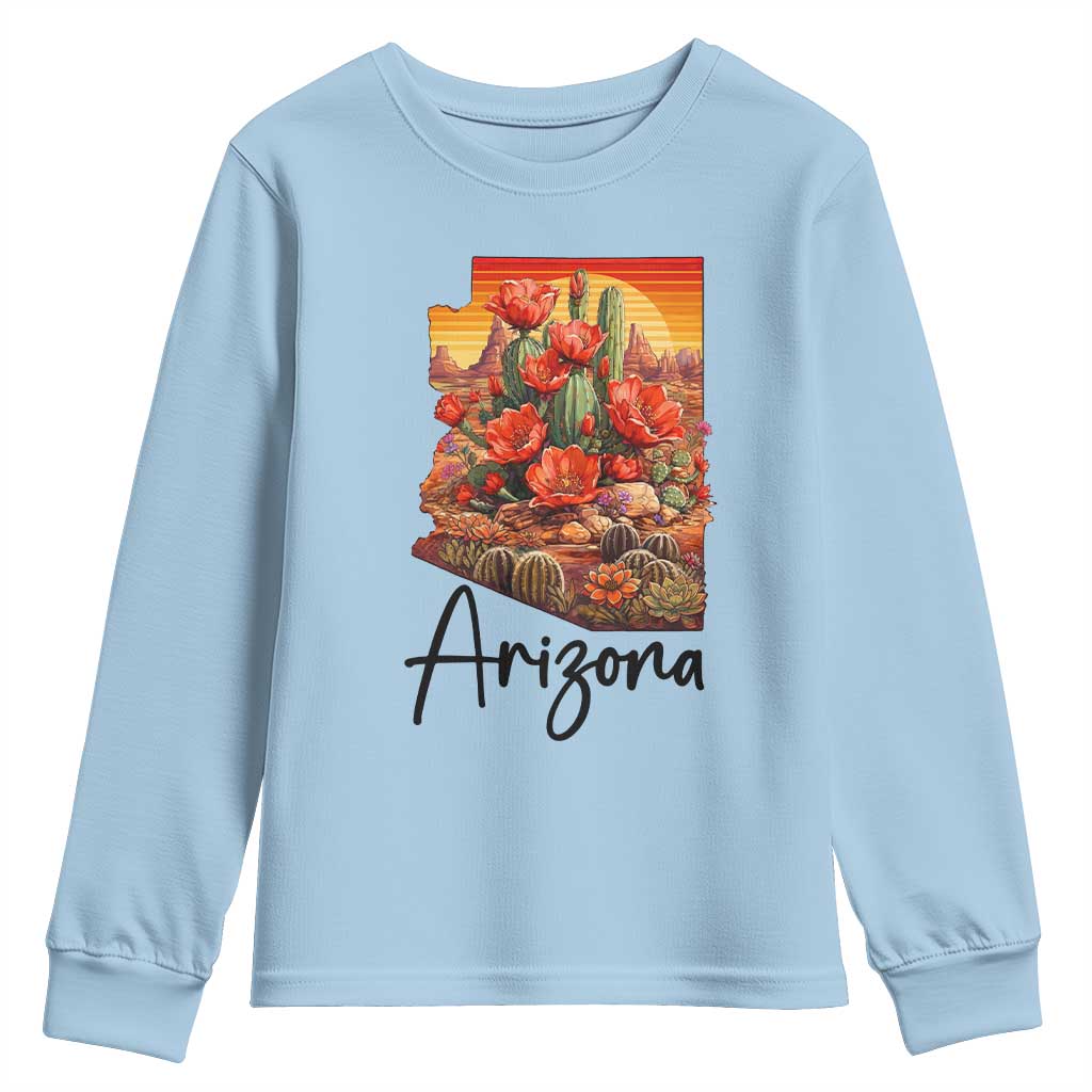 Arizona Map Blooming Cactus Flowers Gift Youth Sweatshirt TS12 Light Blue Print Your Wear