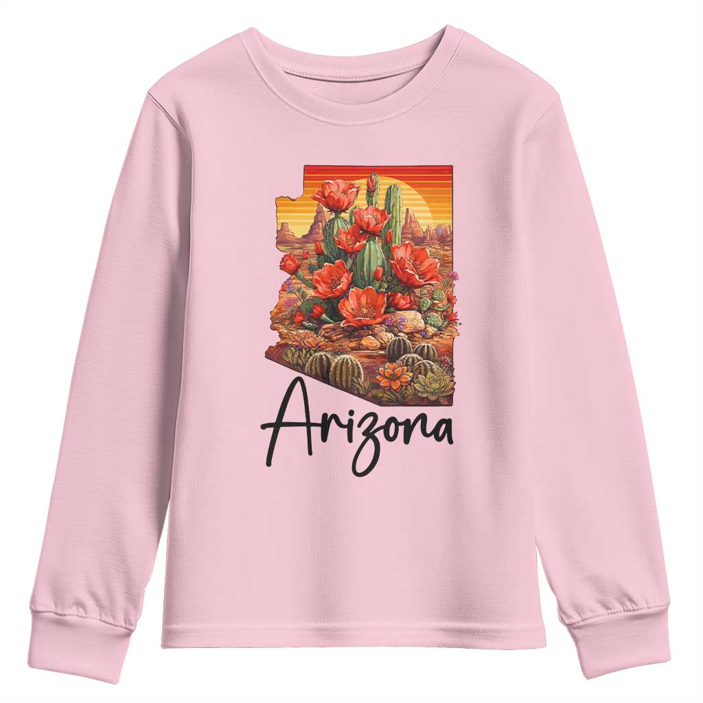 Arizona Map Blooming Cactus Flowers Gift Youth Sweatshirt TS12 Light Pink Print Your Wear