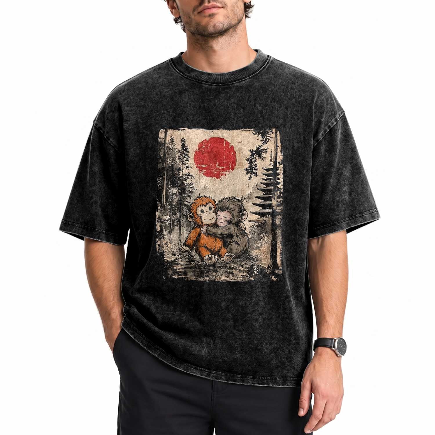 Vintage Japanese Ukiyoe Punch Baby Monkey Washed Cotton T-Shirt Kawaii Animal Gift