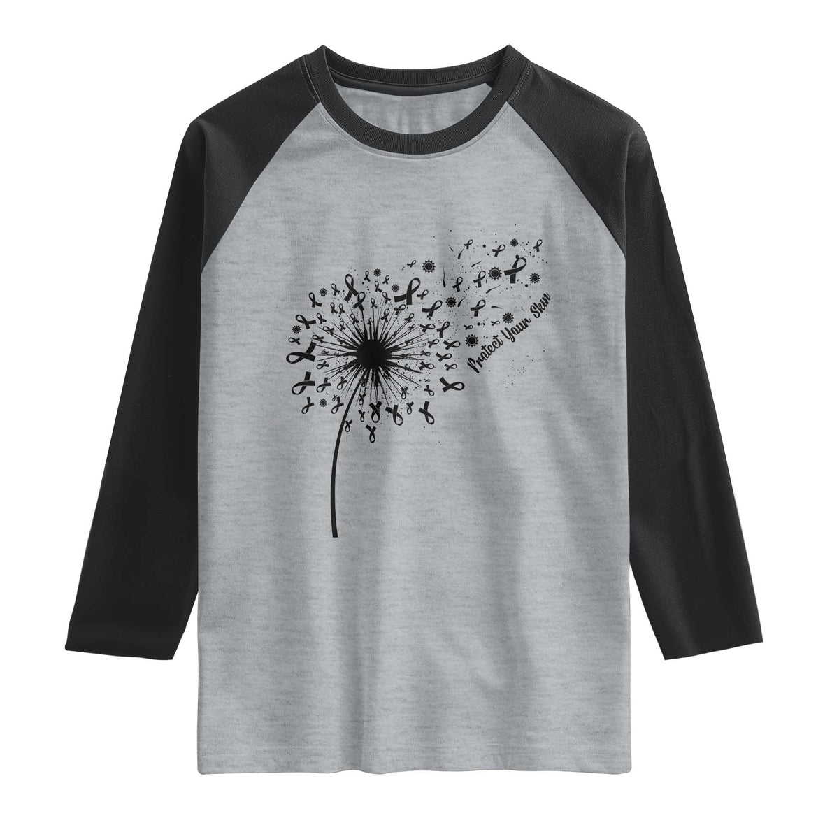 Protect Your Skin Raglan Shirt Melanoma Awareness Dandelion Gift TS12 Heather Gray Black Print Your Wear