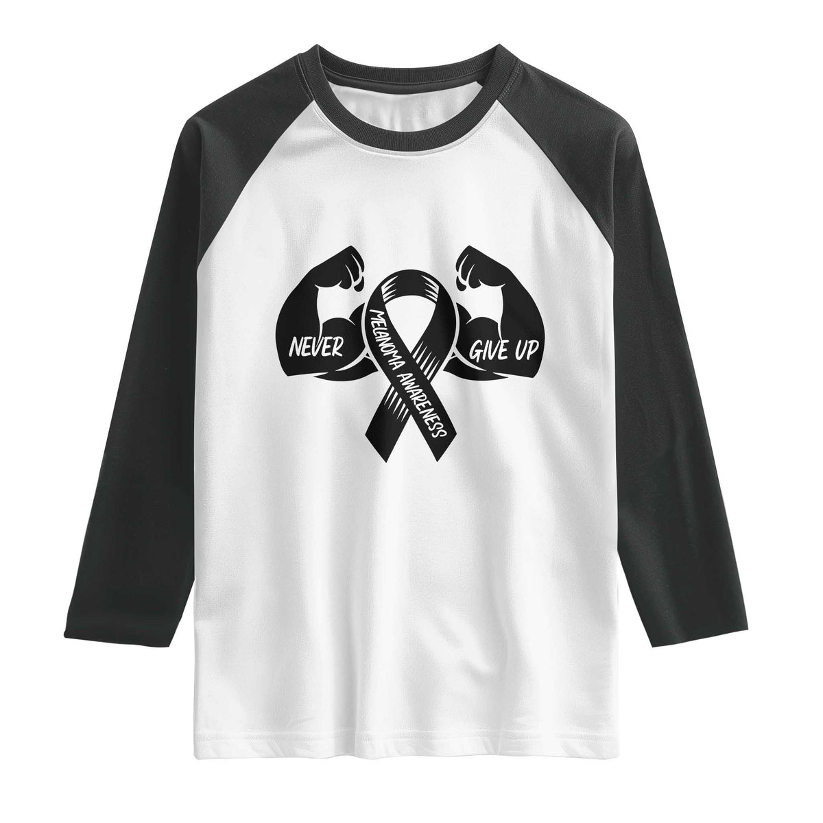 Melanoma Awareness Warrior Raglan Shirt Never Give Up TS12 White Black Print Your Wear