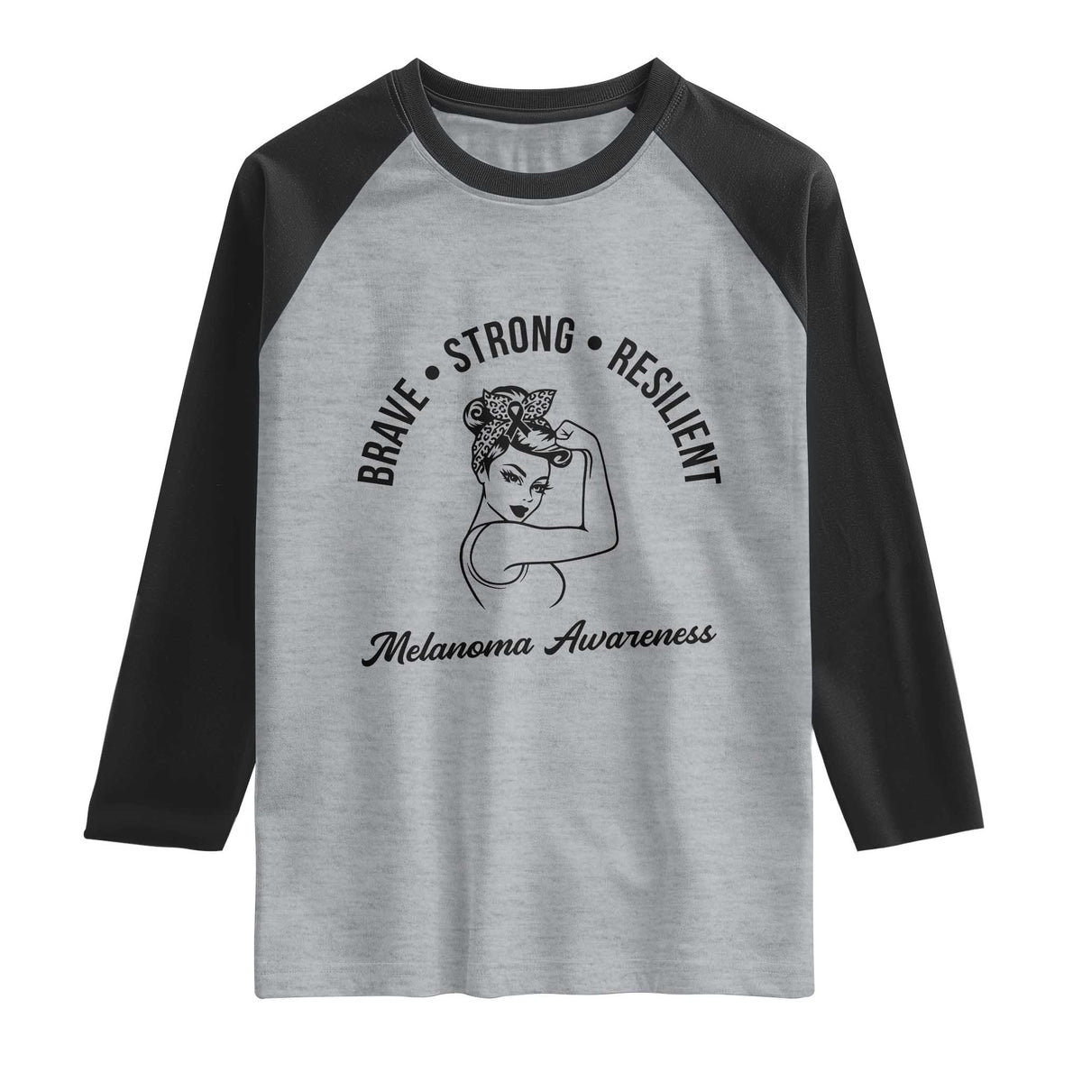 Melanoma Awareness Strong Woman Raglan Shirt Brave Strong Resilient Warrior TS12 Heather Gray Black Print Your Wear