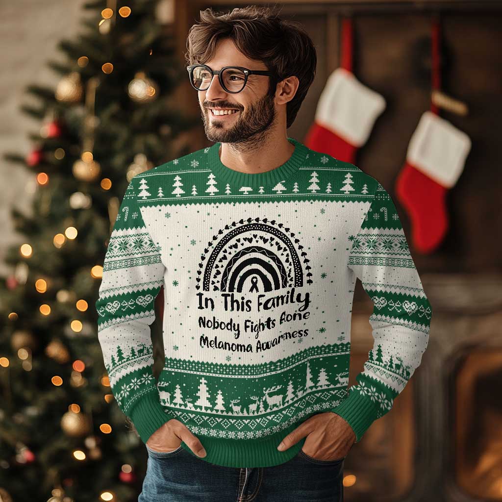 In This Family Nobody Fights Alone Ugly Christmas Sweater Melanoma Warrior Support TS12 Beige Green Print Your Wear