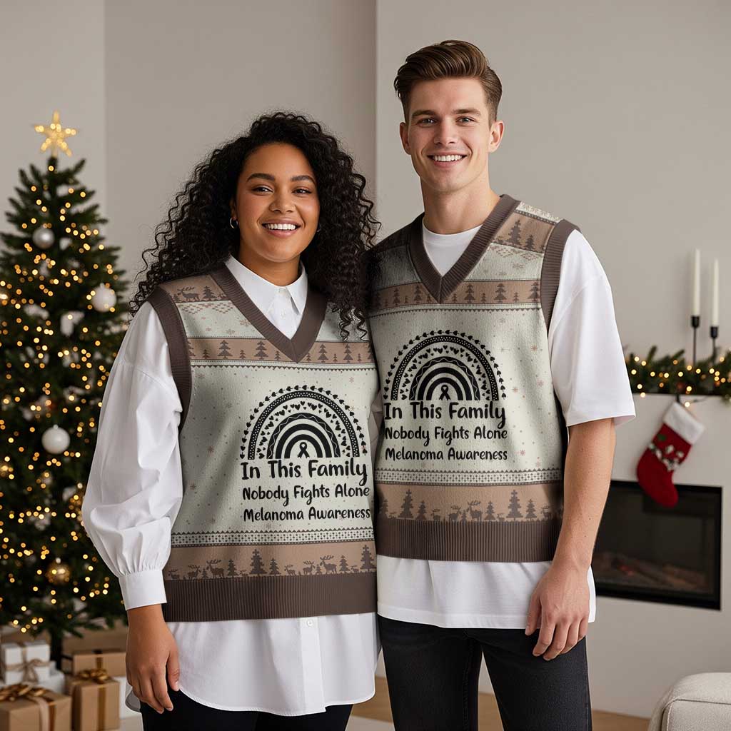 In This Family Nobody Fights Alone V-Neck Knit Sweater Vest Melanoma Warrior Support TS12 Mocha Mousse Print Your Wear