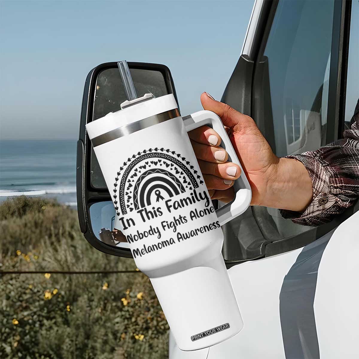 In This Family Nobody Fights Alone Tumbler With Handle Melanoma Warrior Support TS12 Print Your Wear
