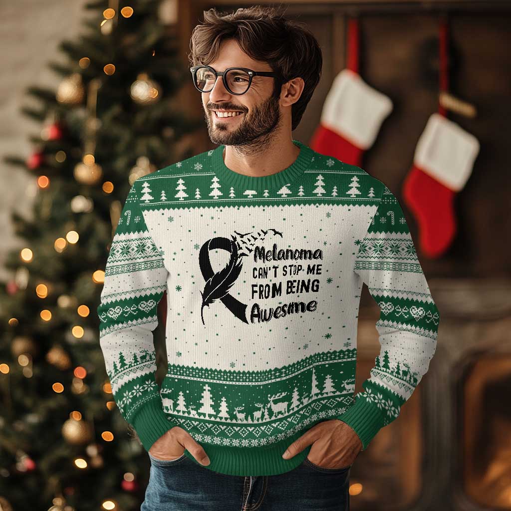 Melanoma Cant Stop Me From Being Awesome Ugly Christmas Sweater Support Squad Gift TS12 Beige Green Print Your Wear
