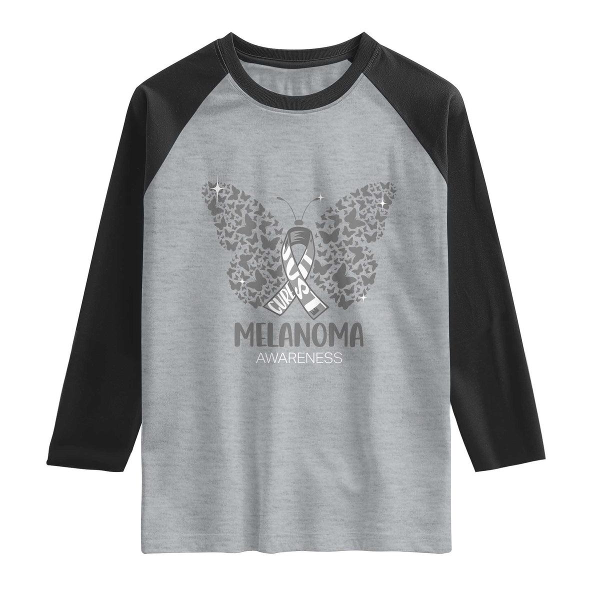 Just Cure It Raglan Shirt Melanoma Warrior Butterfly Support TS12 Heather Gray Black Print Your Wear
