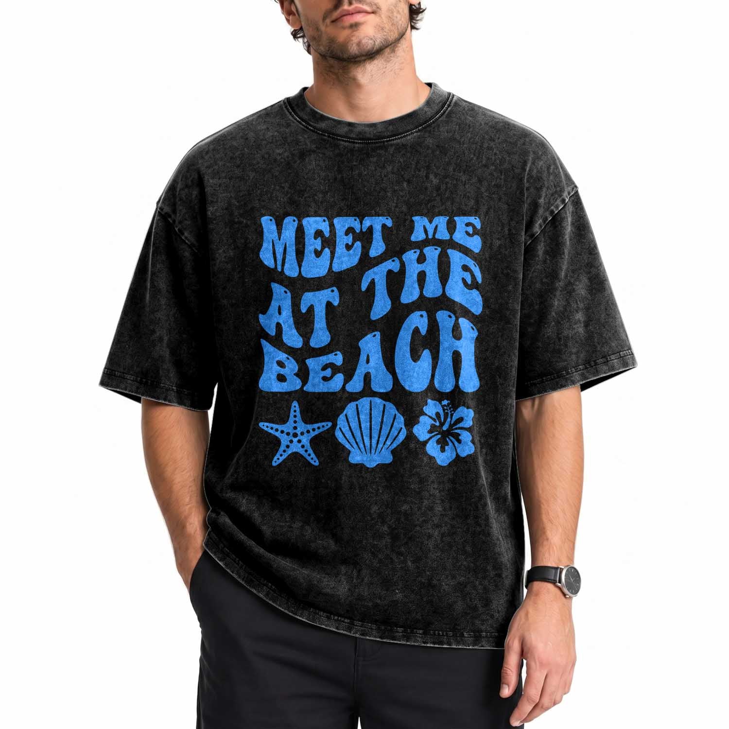 Meet Me At The Beach Washed Cotton T-Shirt Tropical Summer Vacation Graphic