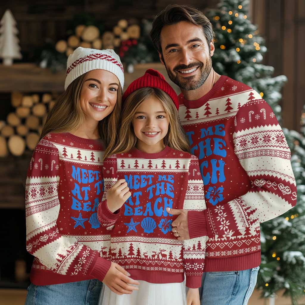 Meet Me At The Beach Ugly Christmas Sweater Tropical Summer Vacation Graphic TS12 Red Beige Print Your Wear