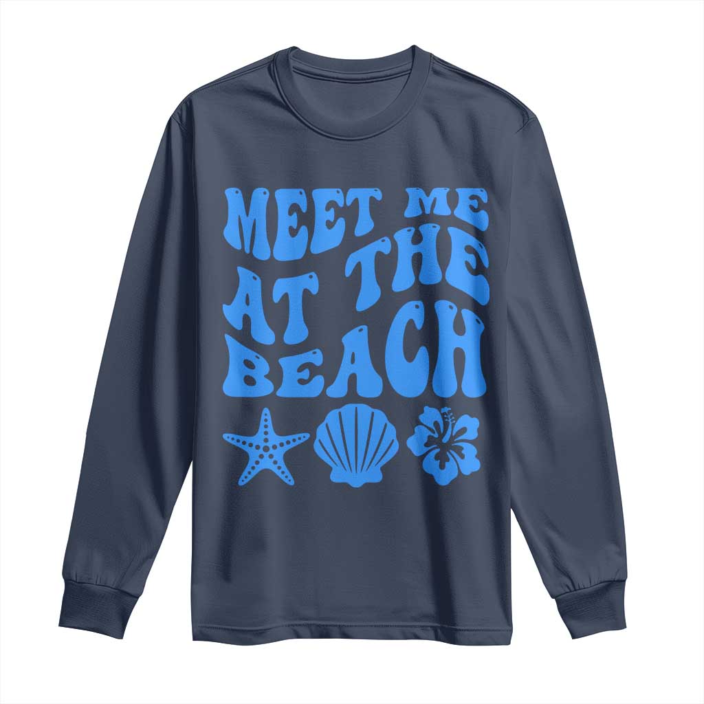 Meet Me At The Beach Long Sleeve Shirt Tropical Summer Vacation Graphic TS12 Navy Print Your Wear