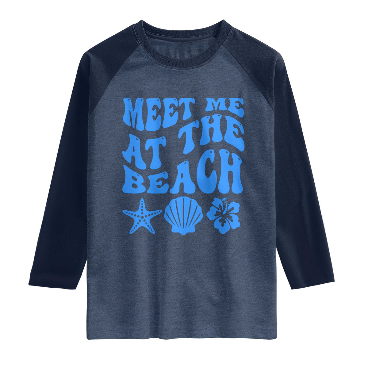 Meet Me At The Beach Raglan Shirt Tropical Summer Vacation Graphic TS12 Heather Denim Navy Print Your Wear