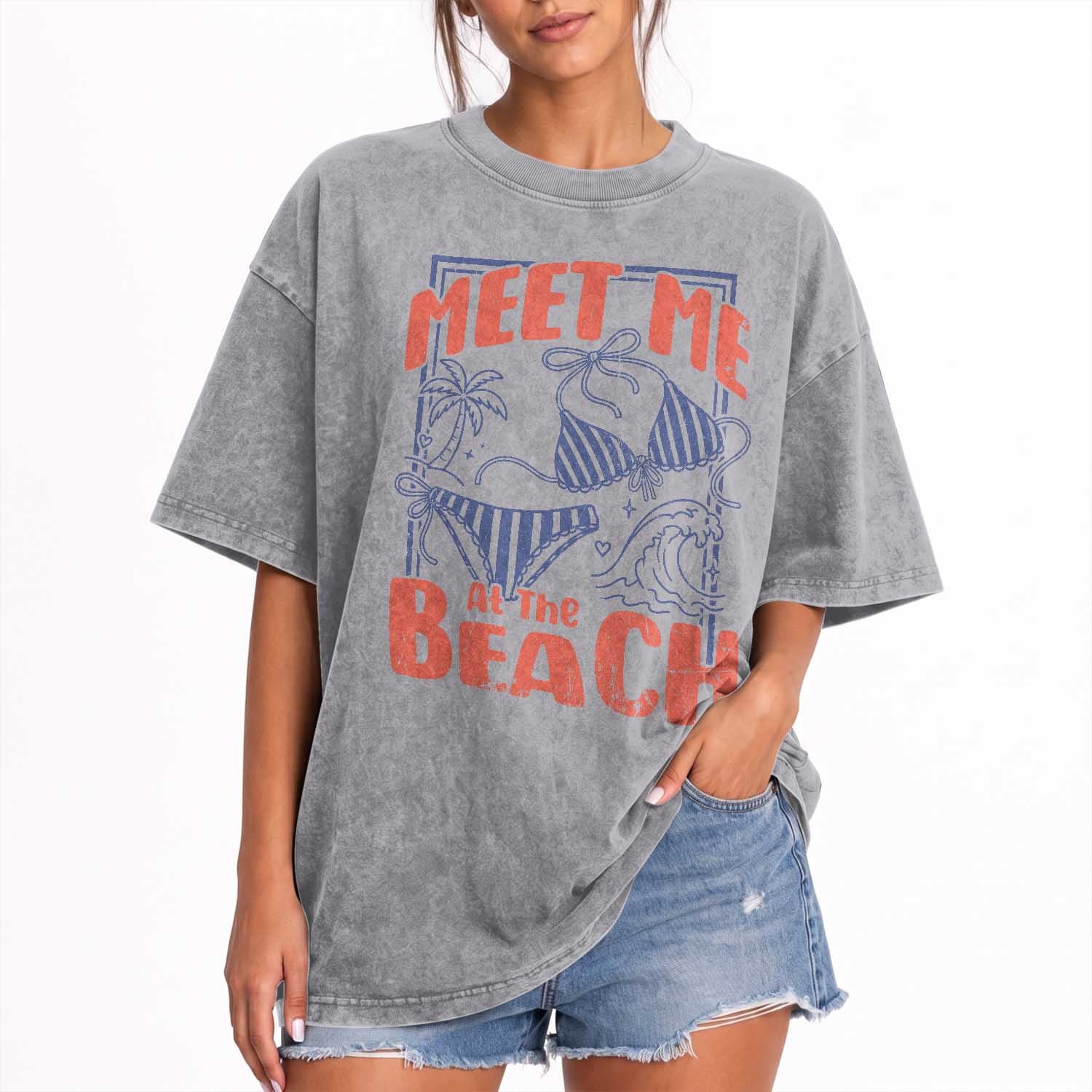 Meet Me At The Beach Washed Cotton T-Shirt Summer Girls Trip Bikini Lover Gift